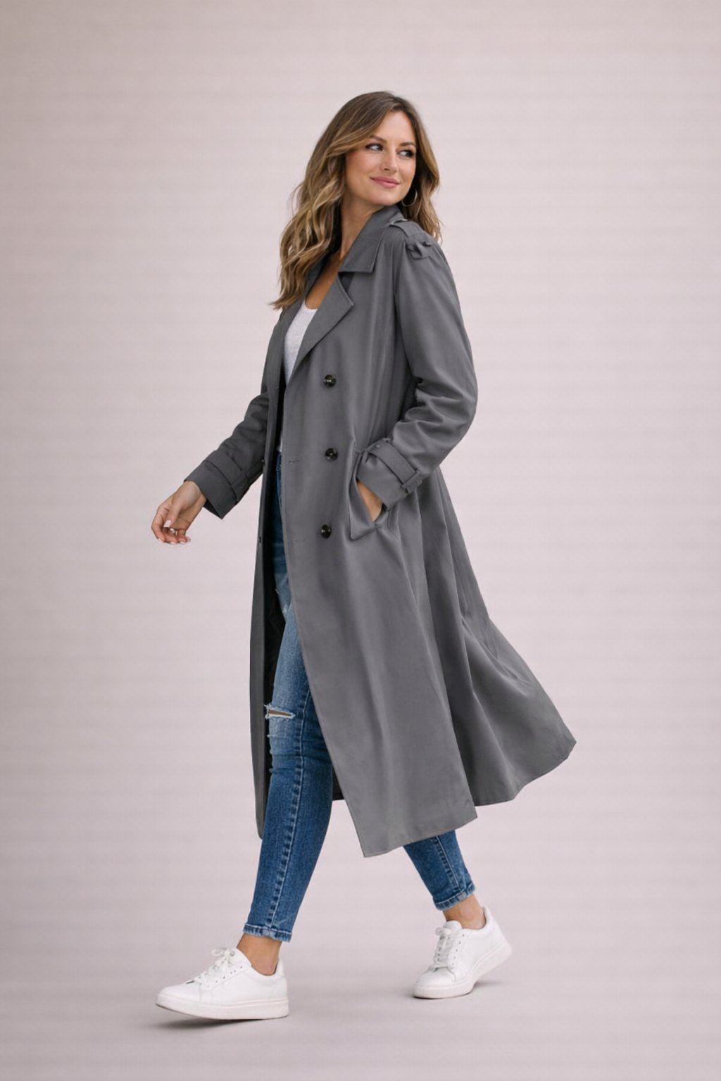 Ladies Trench Coat Double-Breasted Closure with Belt Casual Formal
