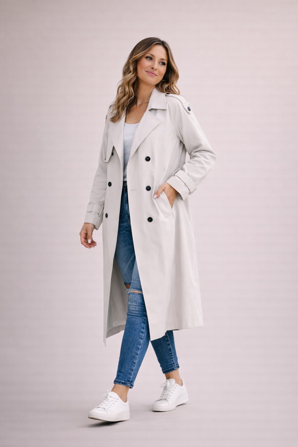 Ladies Trench Coat Double-Breasted Closure with Belt Casual Formal