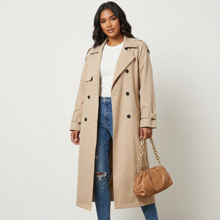 Ladies Trench Coat Long Fit Classic Button Front Casual Formal