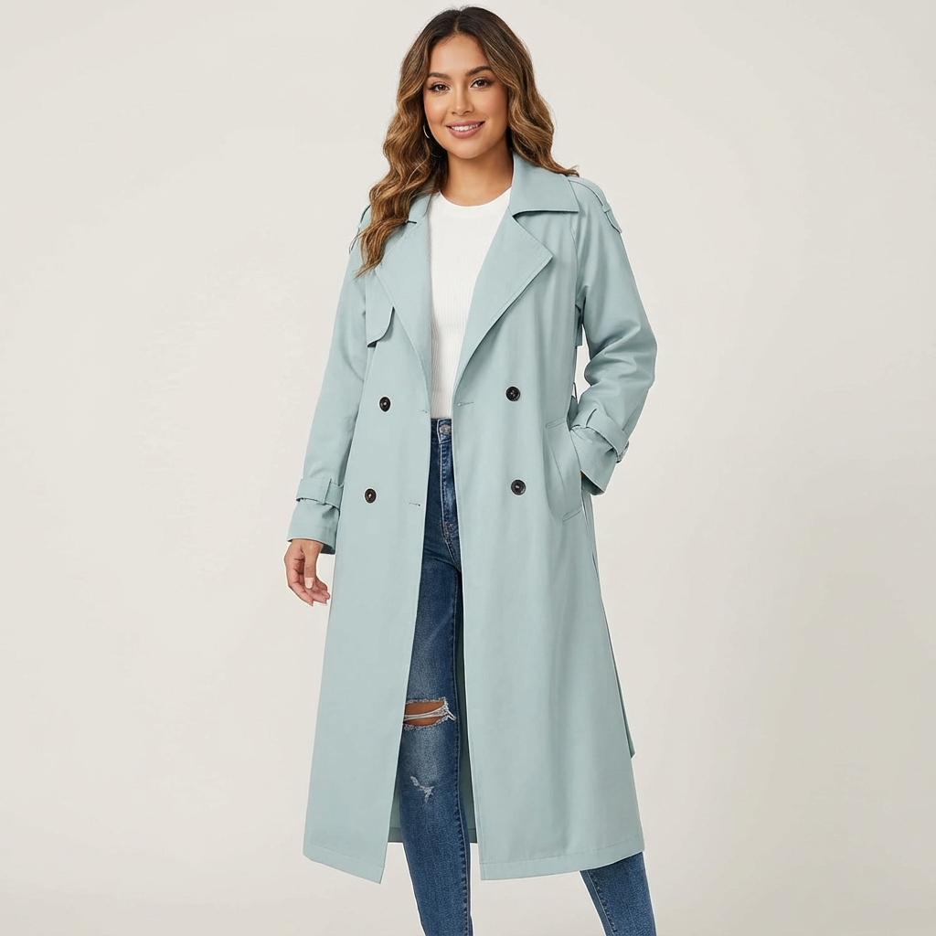 Ladies Trench Coat Long Fit Classic Button Front Casual Formal