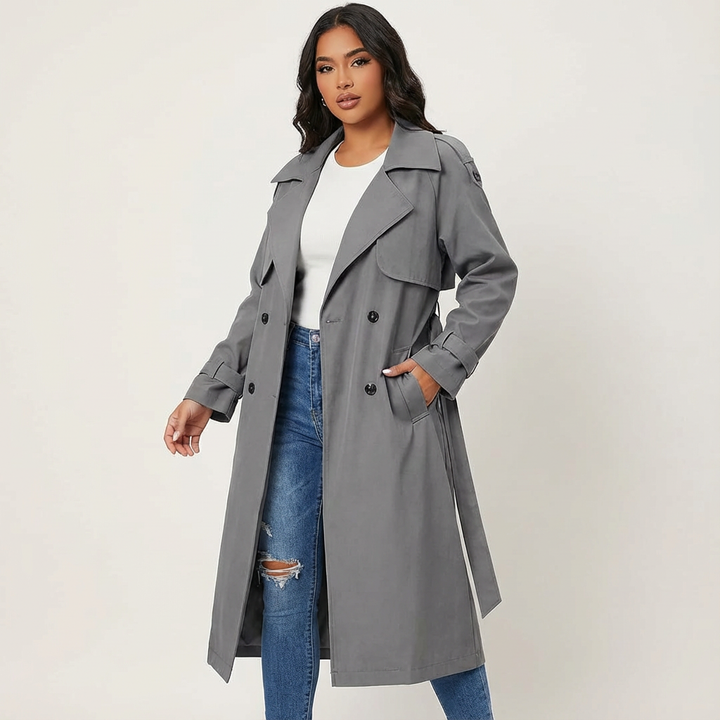 Ladies Trench Coat Long Fit Classic Button Front Casual Formal