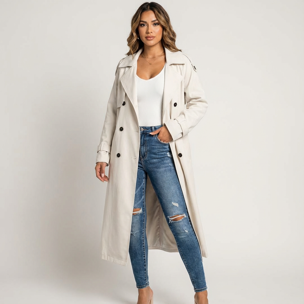 Ladies Trench Coat Long Fit Classic Button Front Casual Formal