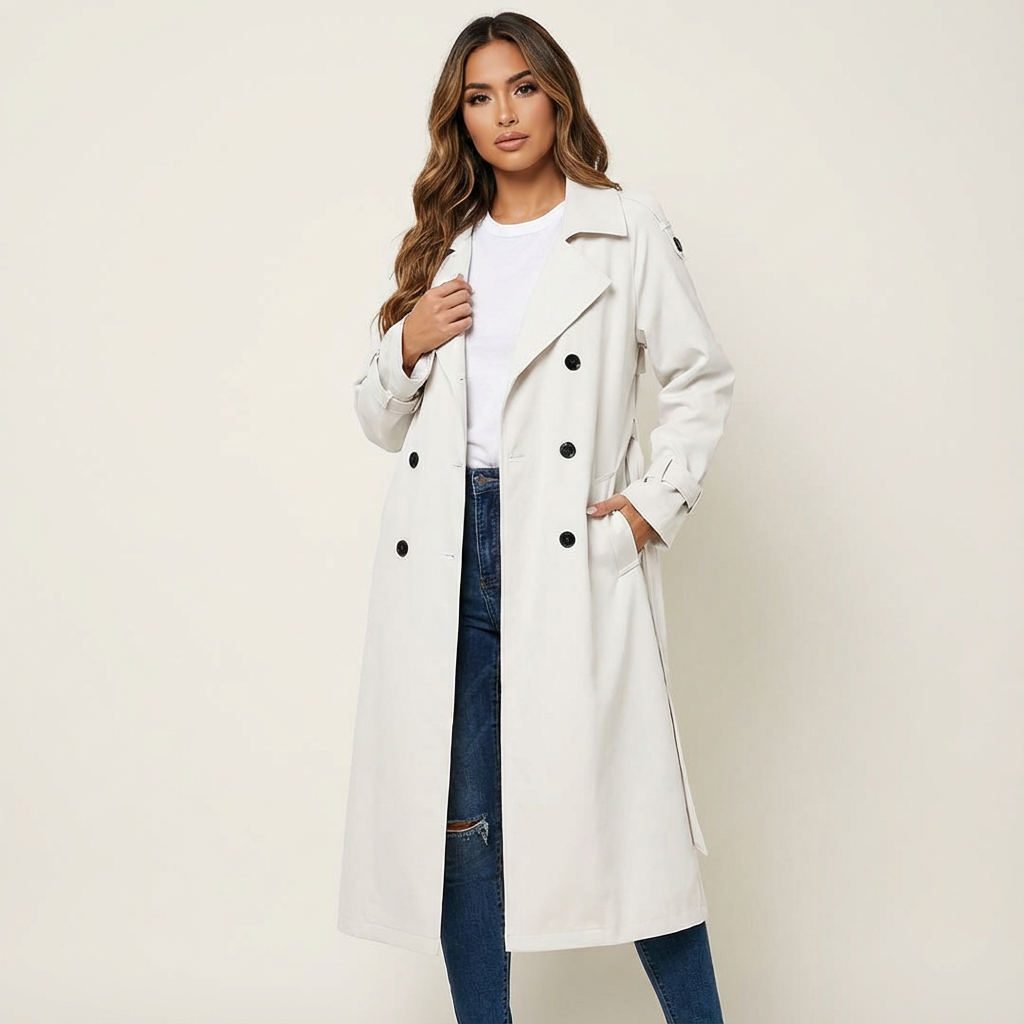 Ladies Trench Coat Long Fit Classic Button Front Casual Formal