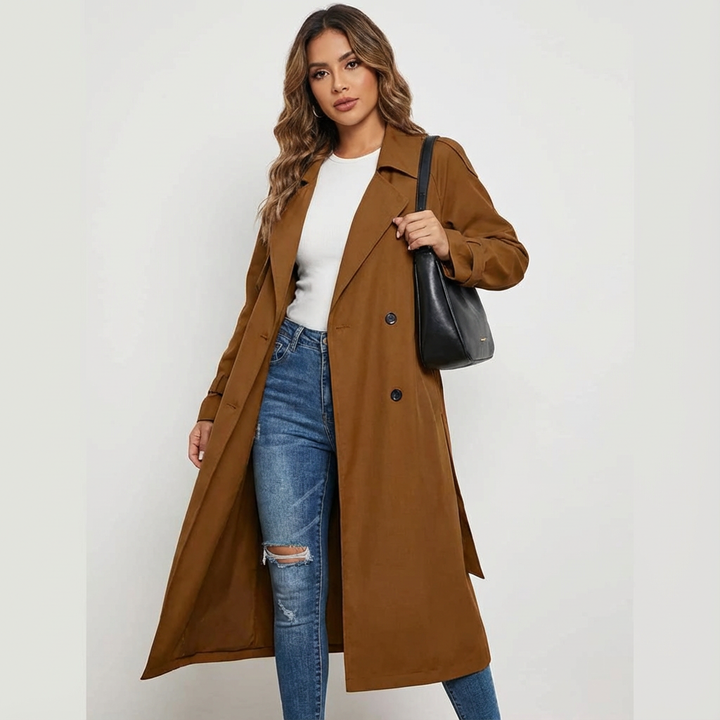 Ladies Trench Coat Long Fit Classic Button Front Casual Formal