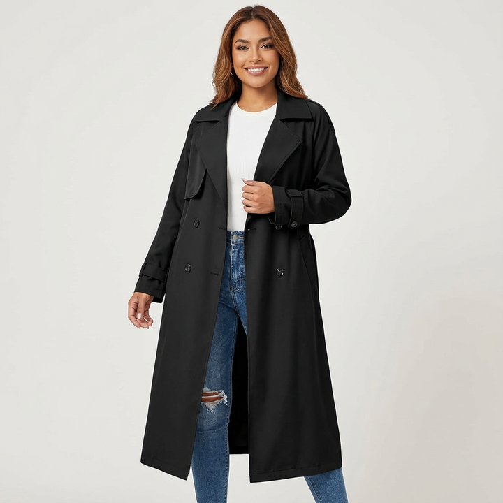 Ladies Trench Coat Long Fit Classic Button Front Casual Formal