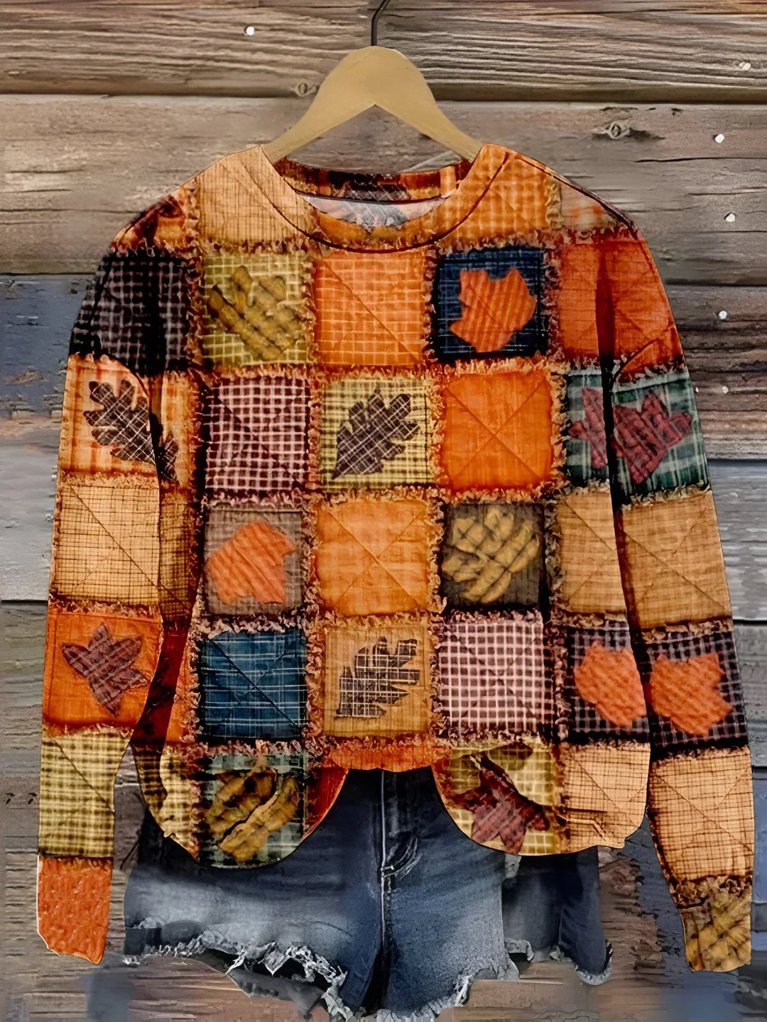 Delvara | Women's Autumn Patchwork Print Sweater — Harvest Quilt Long-Sleeve Crew Neck Pullover | Westmere