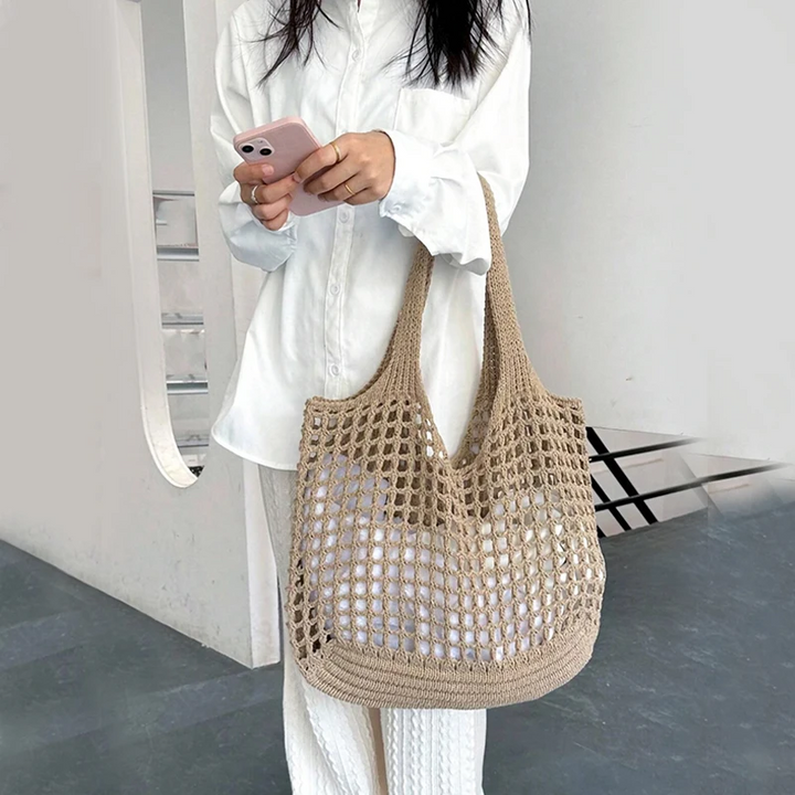 Mila – Large Woven Crochet Tote Bag, Mesh Shoulder Bag