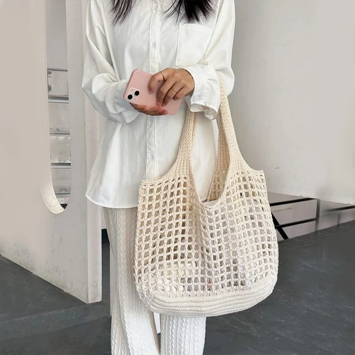 Mila – Large Woven Crochet Tote Bag, Mesh Shoulder Bag
