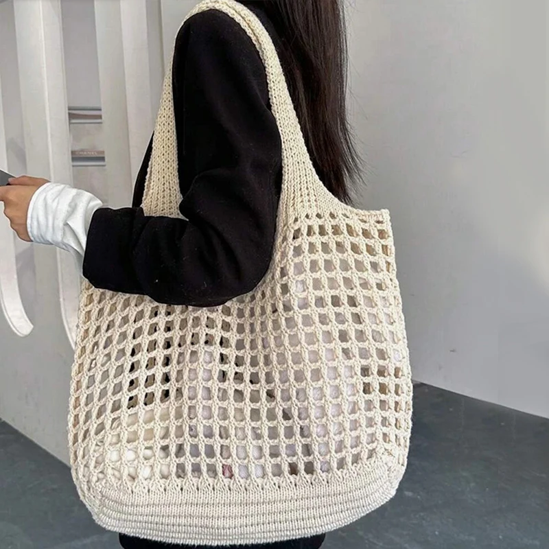 Mila – Large Woven Crochet Tote Bag, Mesh Shoulder Bag