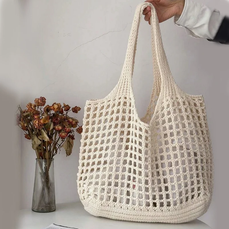 Mila – Large Woven Crochet Tote Bag, Mesh Shoulder Bag