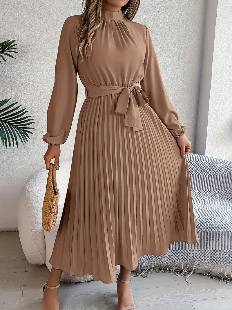 Belted Pleated Midi Dress with Long Sleeves – Elegant High Neckline
