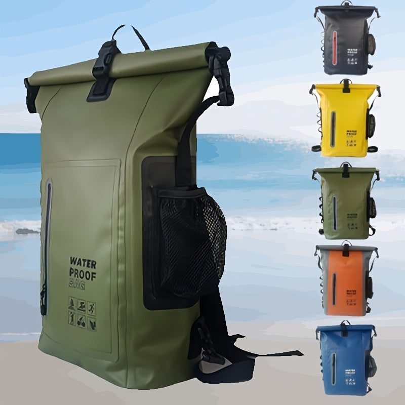 Waterproof 25L Roll-Top Backpack with Multiple Pockets, Sturdy Buckle, and Side Mesh Pocket