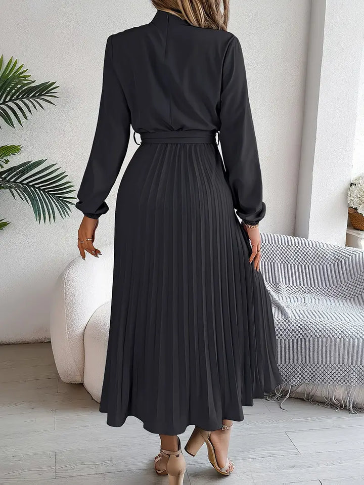 Belted Pleated Midi Dress with Long Sleeves – Elegant High Neckline