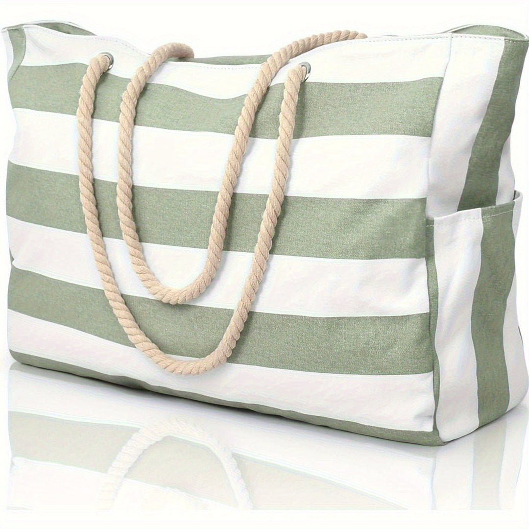 Striped Beach Bag with Large Capacity – Durable Polyester with Zipper
