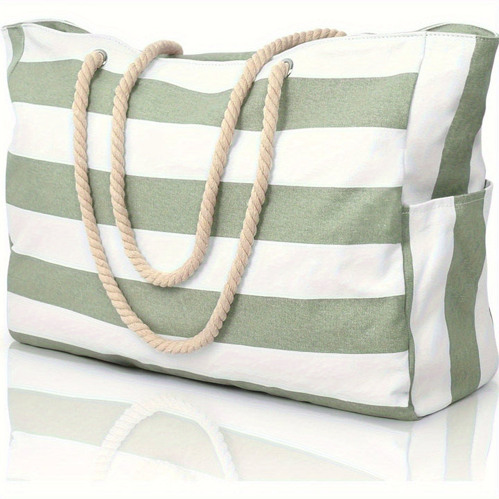 Striped Beach Bag with Large Capacity – Durable Polyester with Zipper