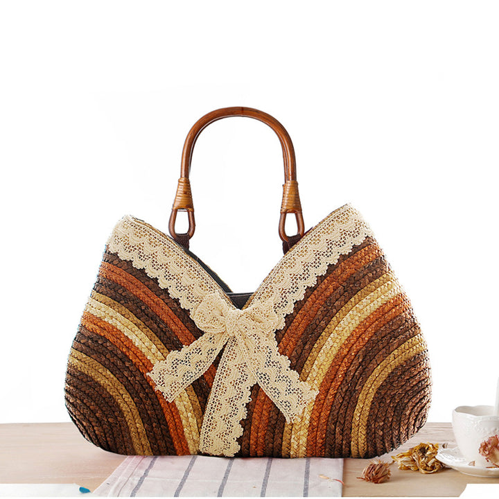 Soleil – Striped Straw Handbag with Lace Bow and Rattan Handles