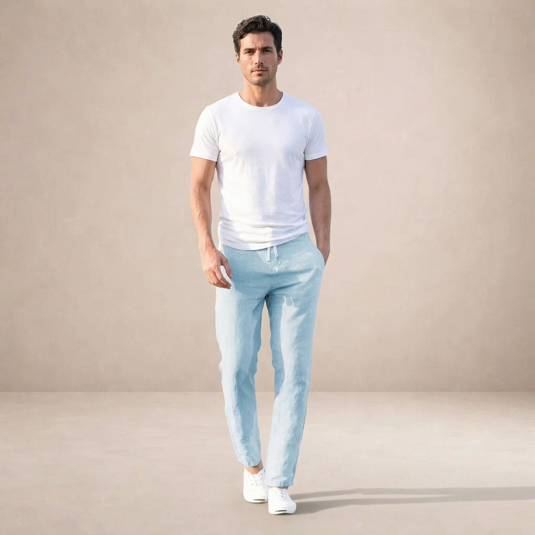 Linen Summer Pants Men Regular Fit Breathable Material Elastic Waist