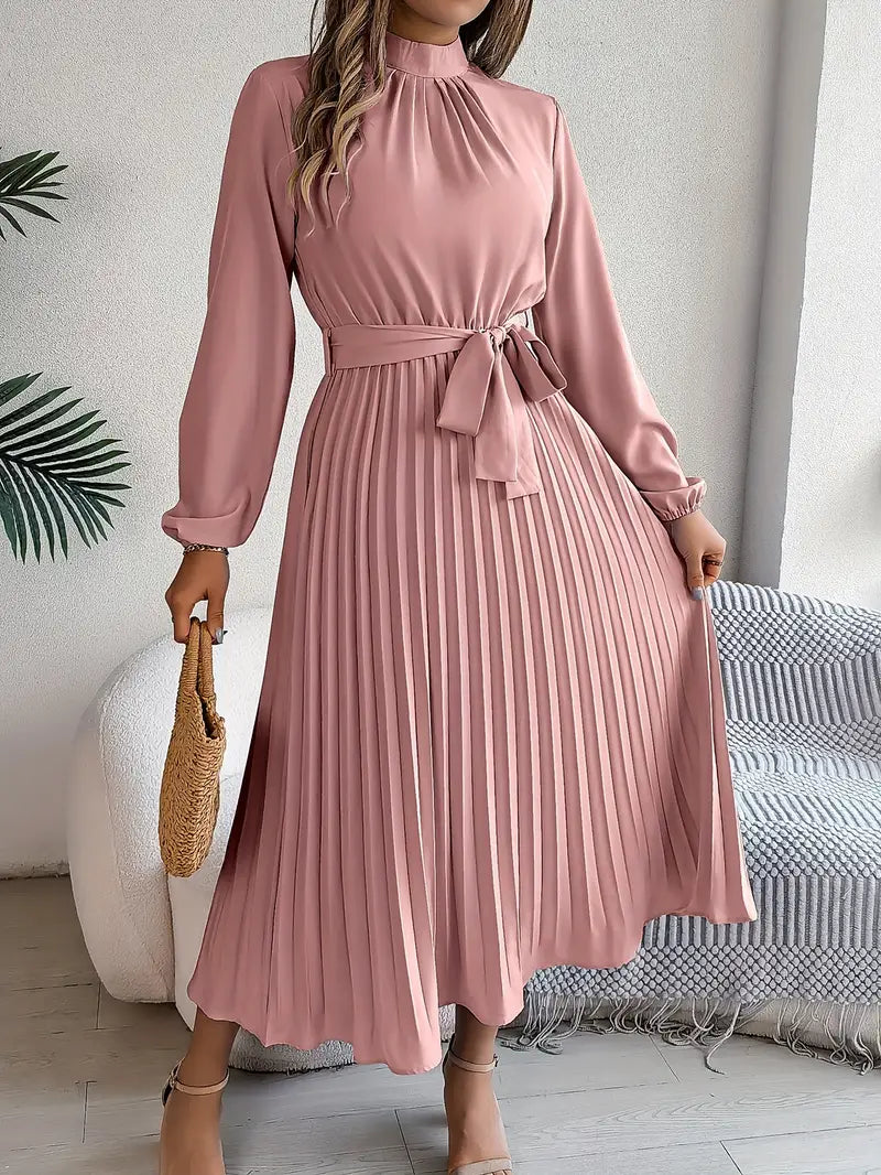 Belted Pleated Midi Dress with Long Sleeves – Elegant High Neckline