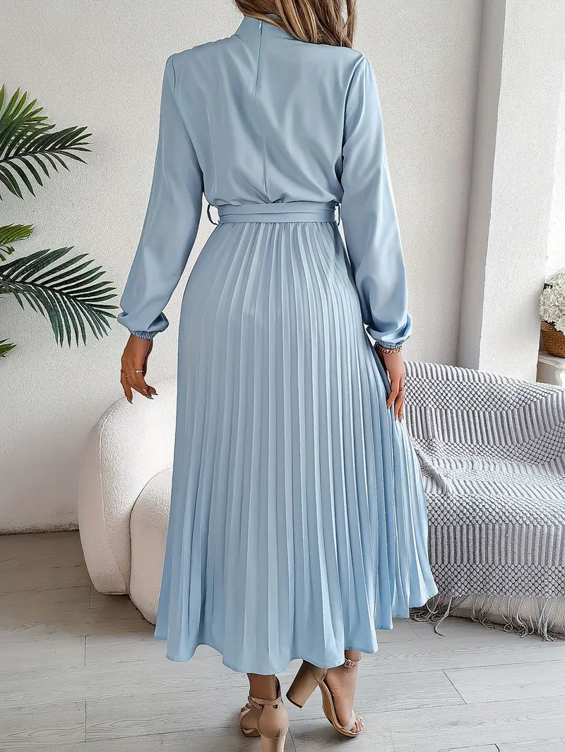 Belted Pleated Midi Dress with Long Sleeves – Elegant High Neckline