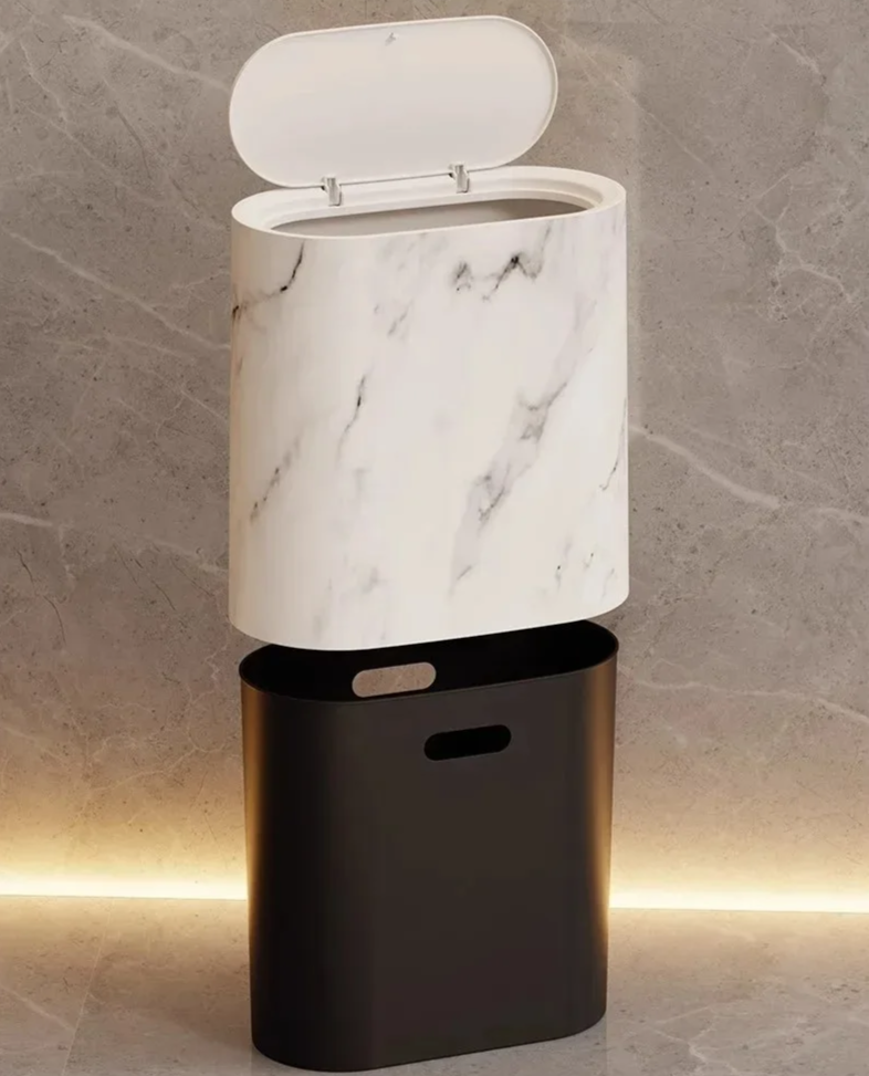 Scandinavian Marble Texture Push-Top Wastebasket – Compact Bathroom Trash Can