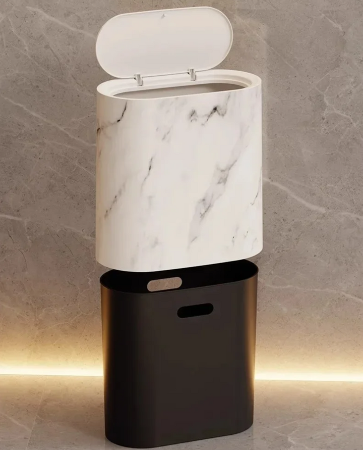 Scandinavian Marble Texture Push-Top Wastebasket – Compact Bathroom Trash Can