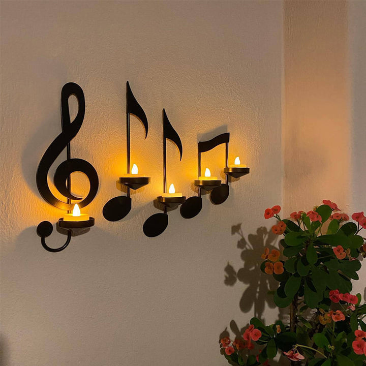 Black Wall-Mounted Musical Note Candle Holder in Metal