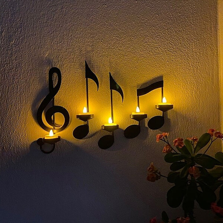 Black Wall-Mounted Musical Note Candle Holder in Metal