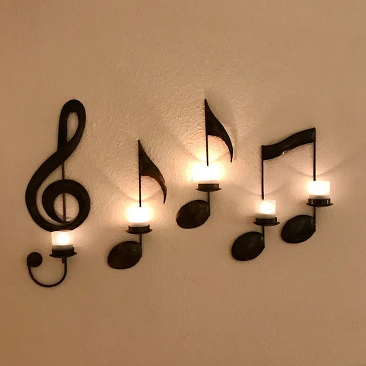 Black Wall-Mounted Musical Note Candle Holder in Metal