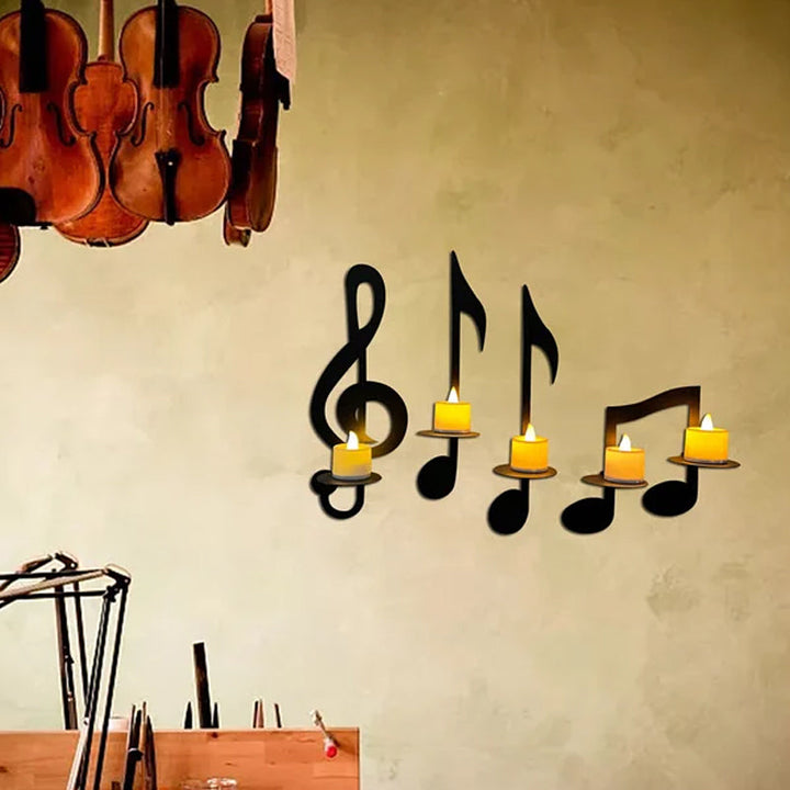 Black Wall-Mounted Musical Note Candle Holder in Metal