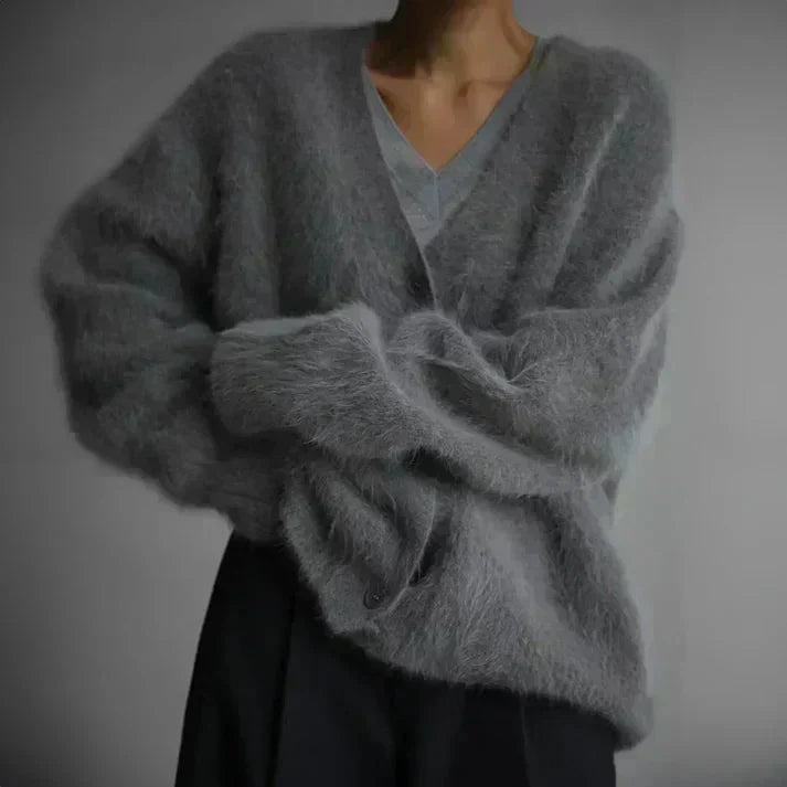 Elspeth | Women's Oversized Fuzzy Cardigan Sweater — Deep V-Neck Button-Front Layer in 4 Neutrals | Westmere