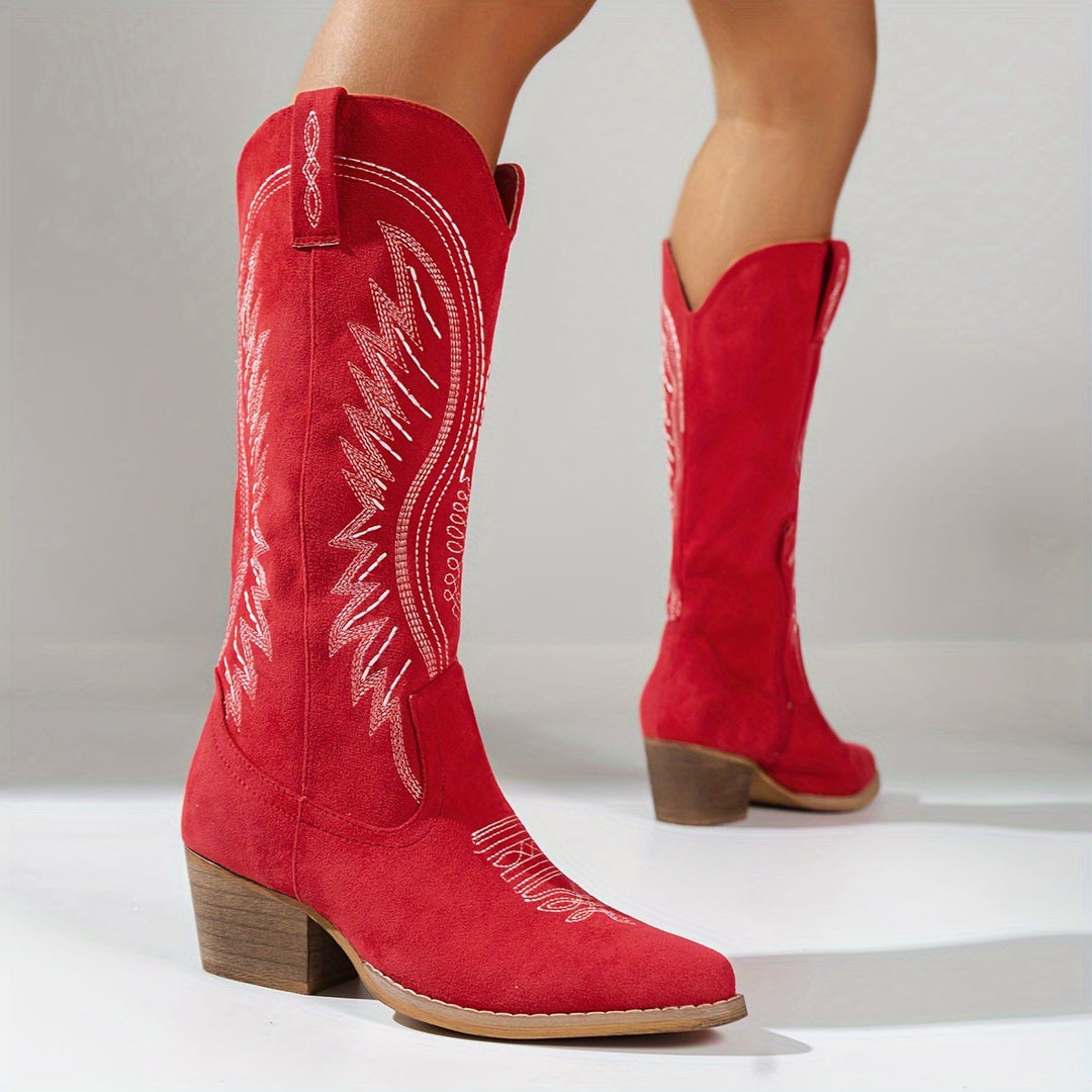 Women's Embroidered Cowboy Boots with Pointed Toe and Mid-Heels