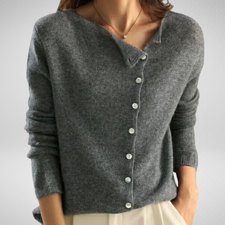 Fenya | Women's Button-Front Cardigan Sweater — Asymmetric Neckline with Pearl-Style Buttons in 4 Colors | Westmere