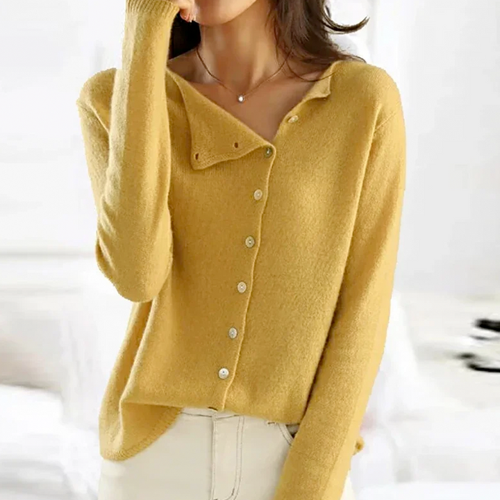 Fenya | Women's Button-Front Cardigan Sweater — Asymmetric Neckline with Pearl-Style Buttons in 4 Colors | Westmere
