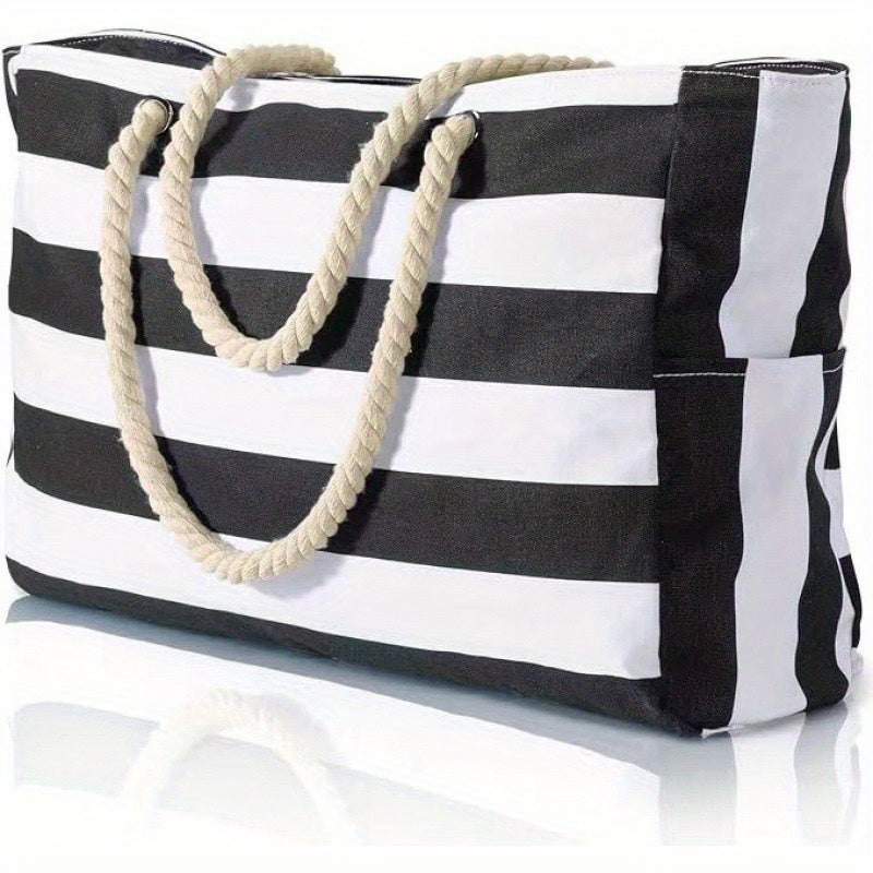 Striped Beach Bag with Large Capacity – Durable Polyester with Zipper