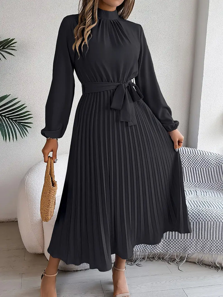 Belted Pleated Midi Dress with Long Sleeves – Elegant High Neckline