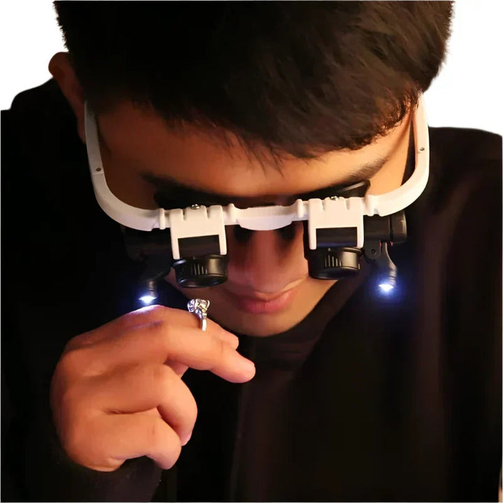 Hands-Free LED Magnifier Headset with 8x, 15x, and 23x Magnification Lenses