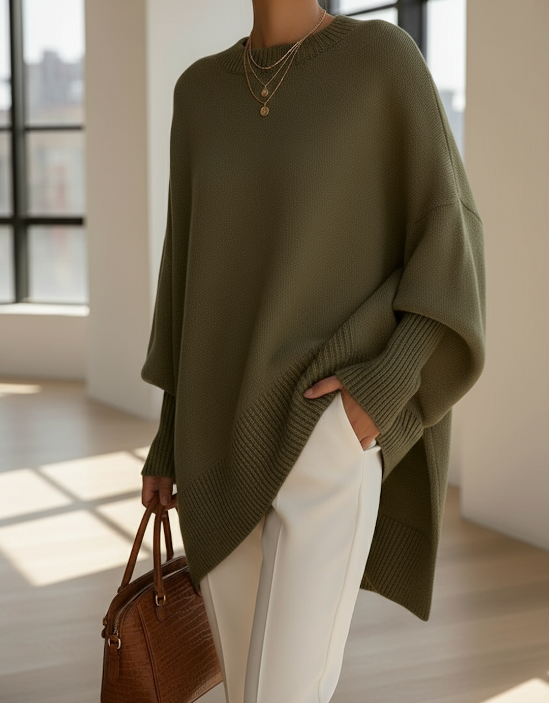 Halvara | Women's Oversized Batwing Knit Sweater — Mock Neck Pullover with Asymmetric Hem | Westmere