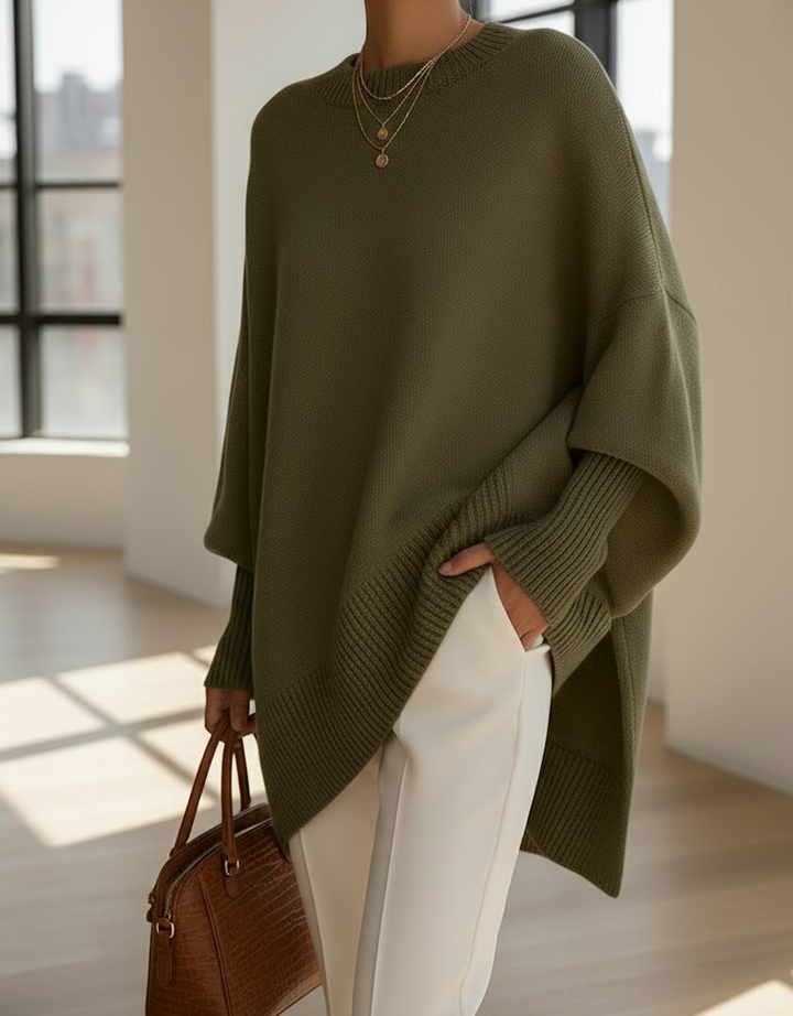 Halvara | Women's Oversized Batwing Knit Sweater — Mock Neck Pullover with Asymmetric Hem | Westmere