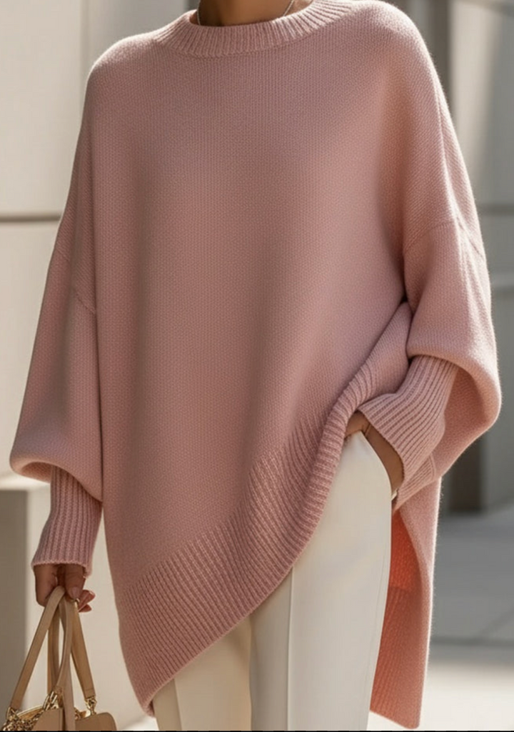 Halvara | Women's Oversized Batwing Knit Sweater — Mock Neck Pullover with Asymmetric Hem | Westmere