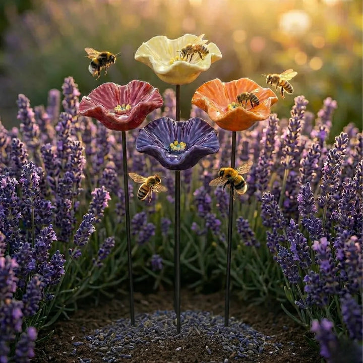 Garden Pollinator Ceramic Flower Stakes - Handmade Weatherproof Bee Feeders