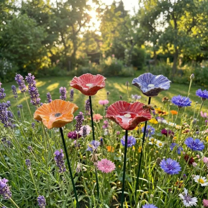 Garden Pollinator Ceramic Flower Stakes - Handmade Weatherproof Bee Feeders
