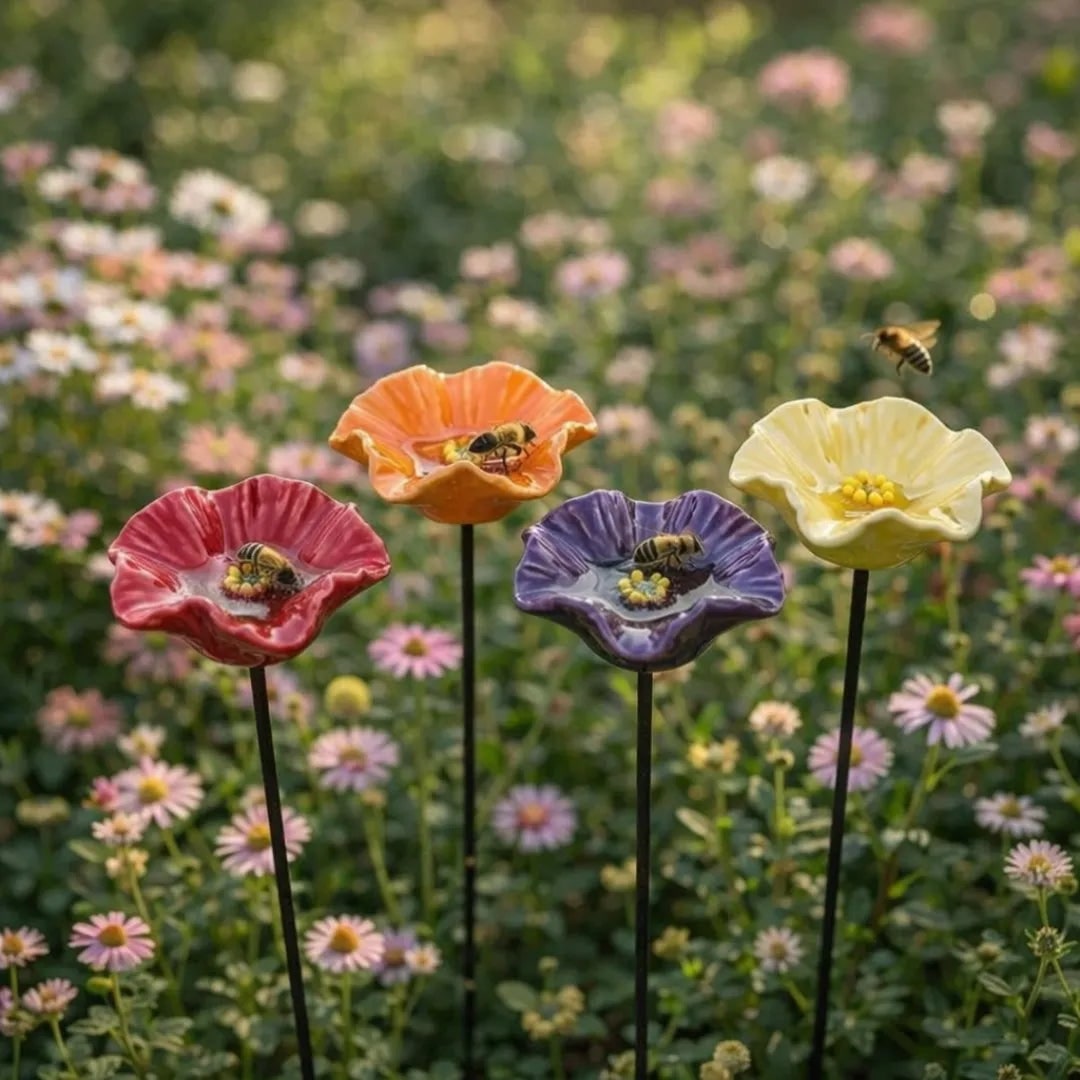 Garden Pollinator Ceramic Flower Stakes - Handmade Weatherproof Bee Feeders