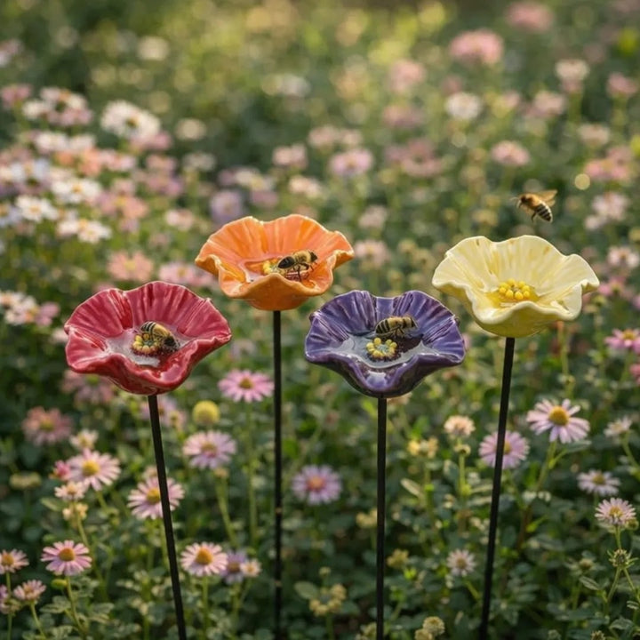 Garden Pollinator Ceramic Flower Stakes - Handmade Weatherproof Bee Feeders