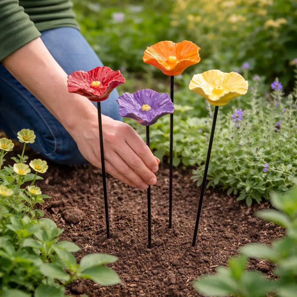 Garden Pollinator Ceramic Flower Stakes - Handmade Weatherproof Bee Feeders