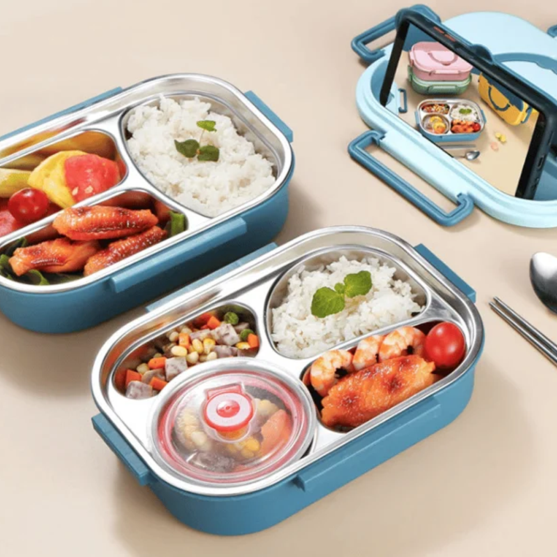 Insulated Bento Box in Stainless Steel with Four Compartments