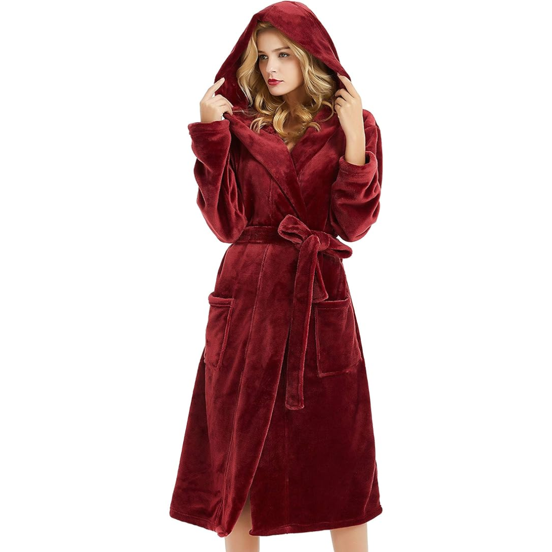 Women's Hooded Fleece Bathrobe with Pockets