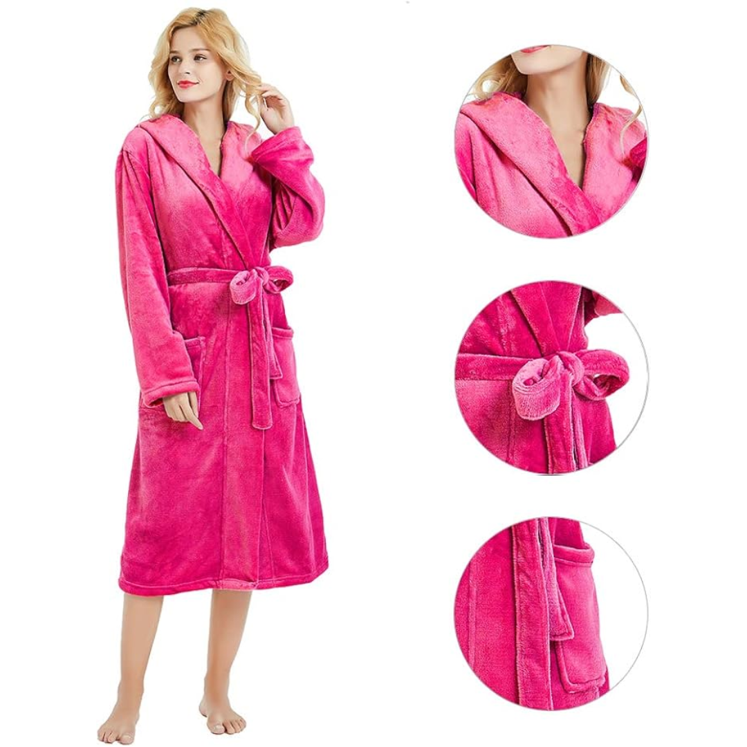 Women's Hooded Fleece Bathrobe with Pockets