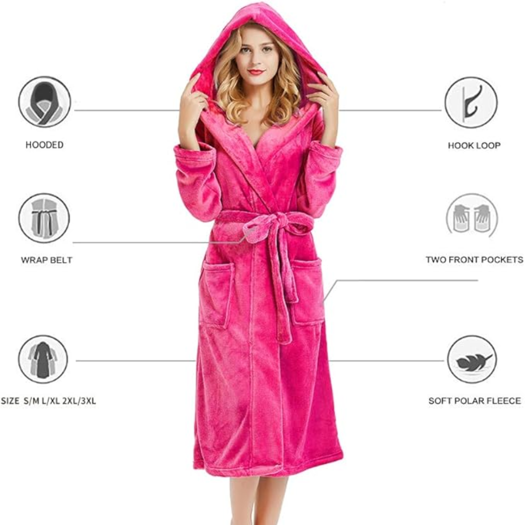 Women's Hooded Fleece Bathrobe with Pockets