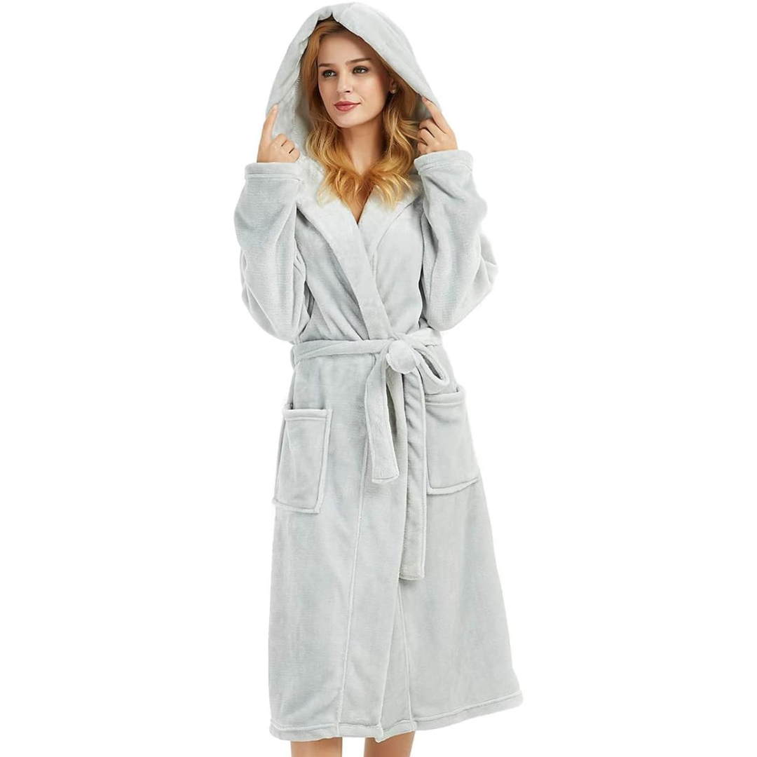 Women's Hooded Fleece Bathrobe with Pockets