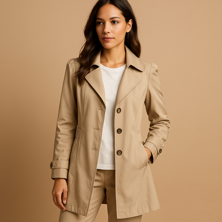 Women's Structured Polyester Trench Coat with Button Closure